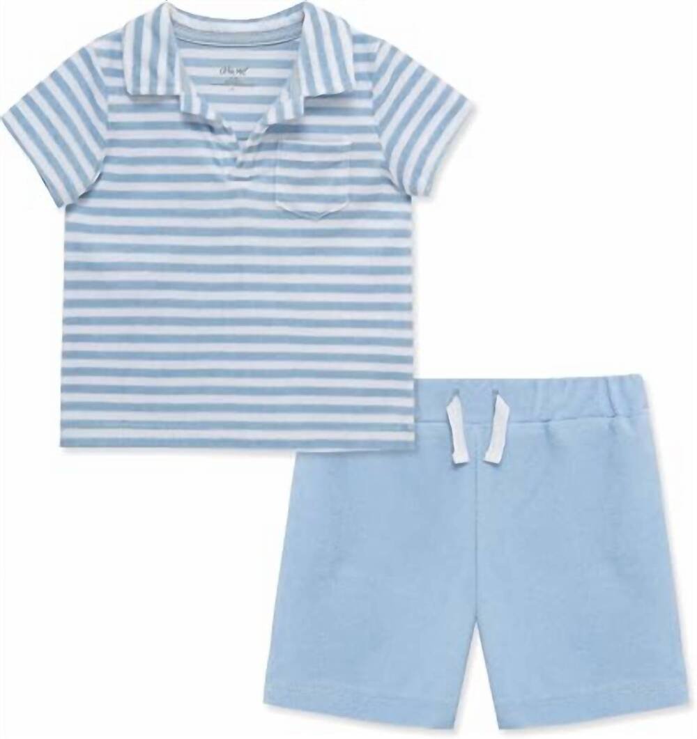 NEW LITTLE ME boy's stripe terry polo & shorts set in blue